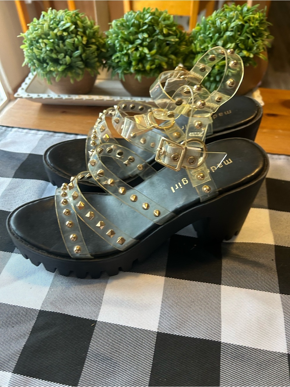 Madden Girl Black Platform Sandal with Gold Studs